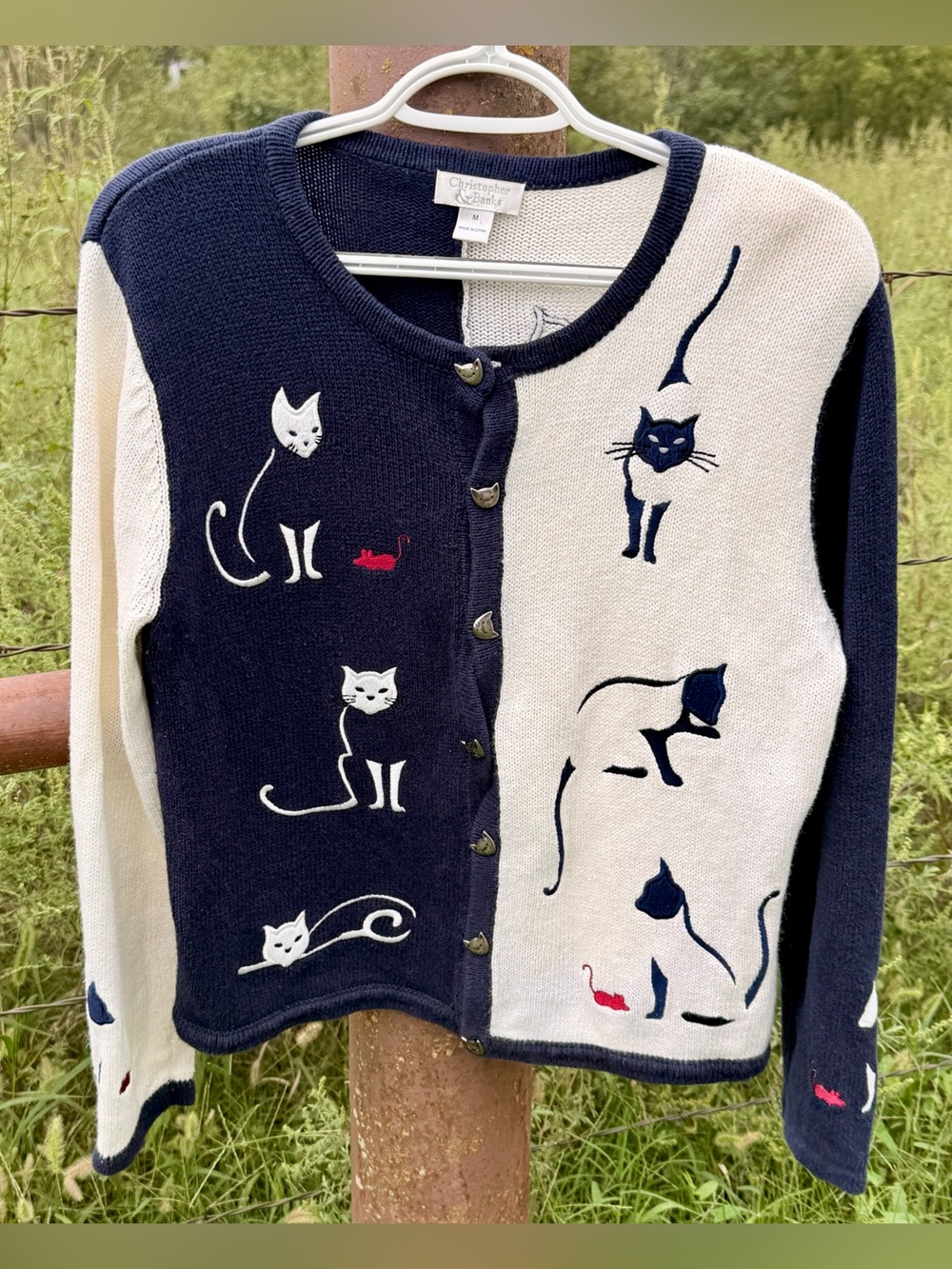 Vintage 2003 Christopher & Banks Cat Novelty Cardigan Sweater Navy Cream M